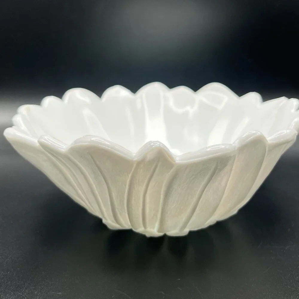 VTG Indiana Milk Glass Sunflower Bowl White Scalloped Floral Candy Dish MCM